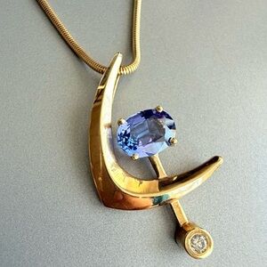 14k Gold AAA Ceylon Sapphire Diamond Modernist Pendant Necklace APPRAISE…